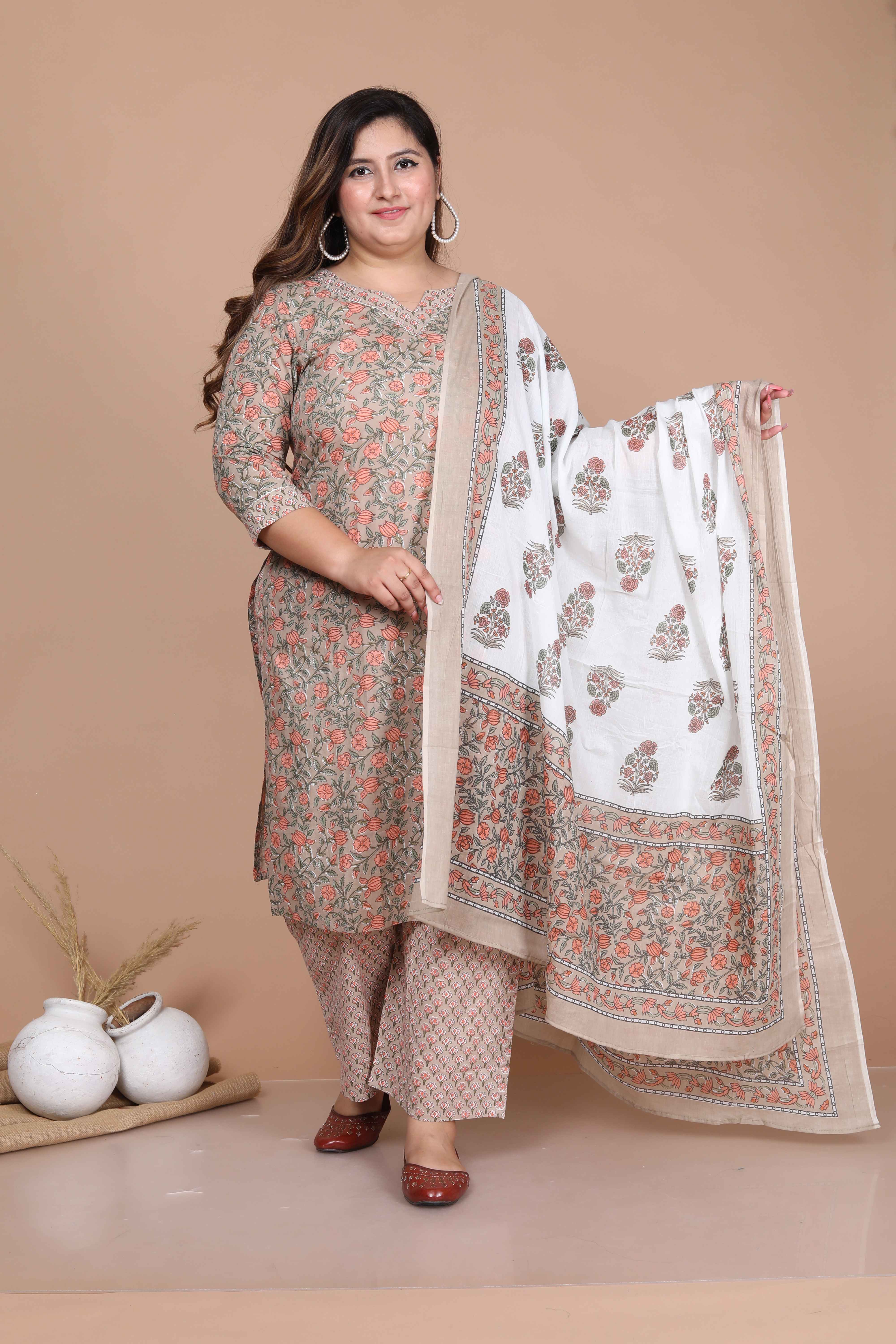 Brown Printed Pure Cotton Straight Kurta with Palazzo and Dupatta Set
